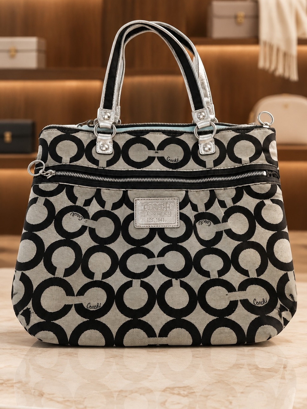 Coach Black and Cream Signature Pattern Shoulder Bag